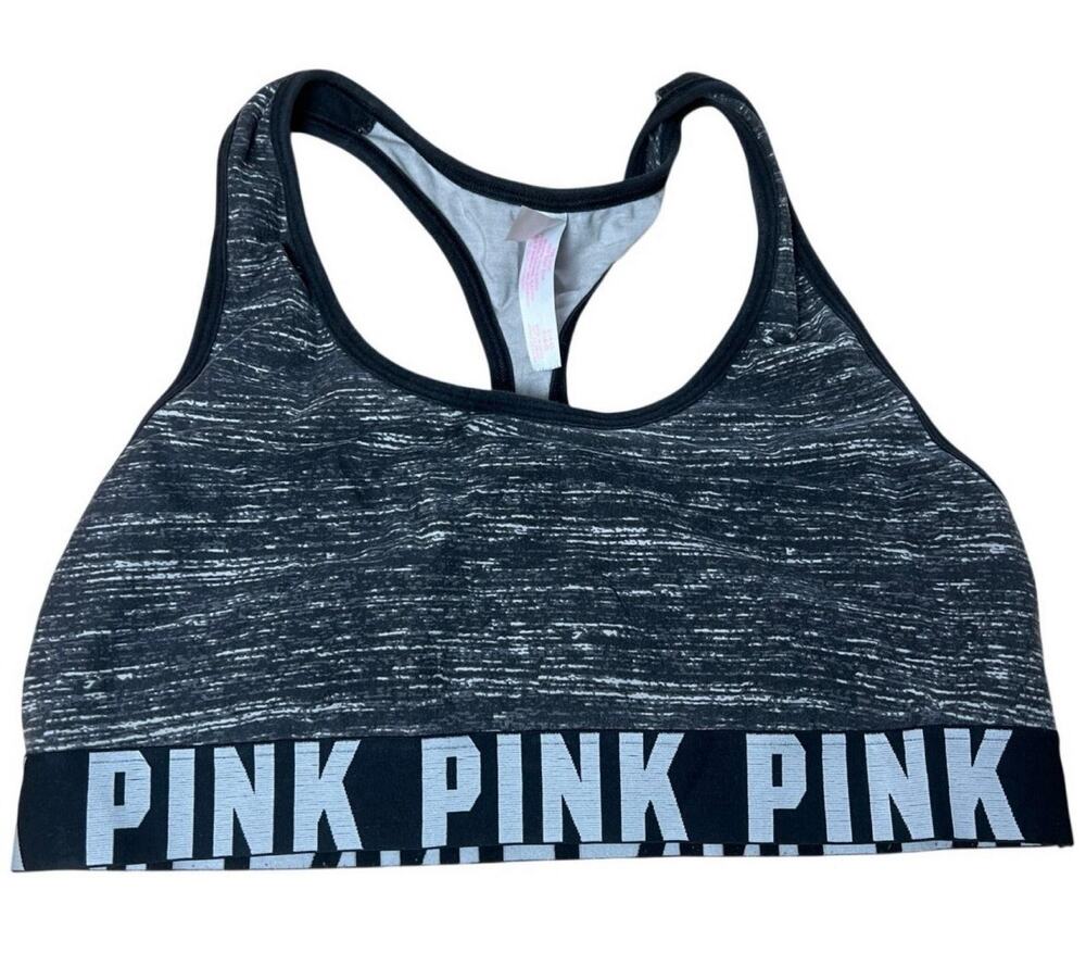 PINK Bra Womens L Gray Sports Bra Racerback Wireless Lined Colorblock Logo